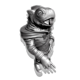 A metal statuette of a creature with a coin placed in its beak.